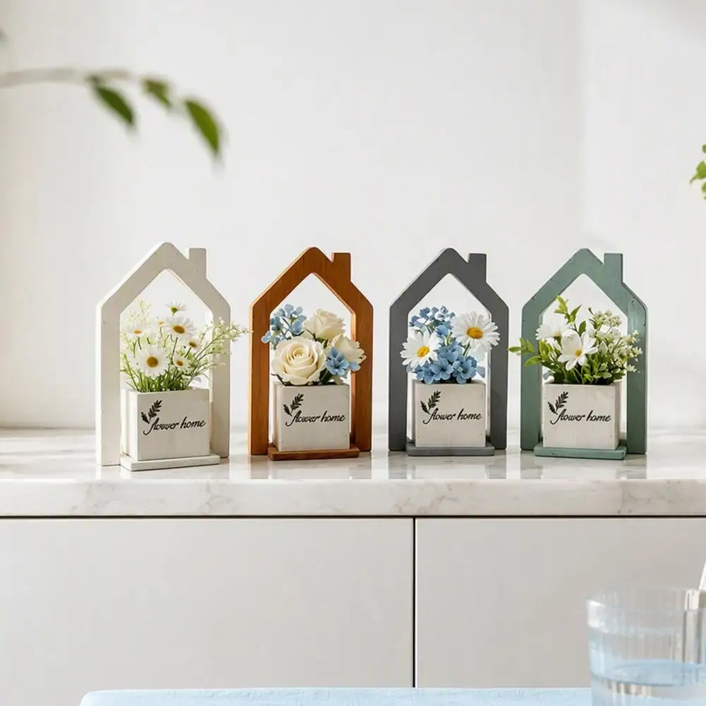 Decorative Square Basin Wooden House Flower Holder Solid Wood Dried Vase Pastoral Style Desktop Decor for Home Office Farmhouse