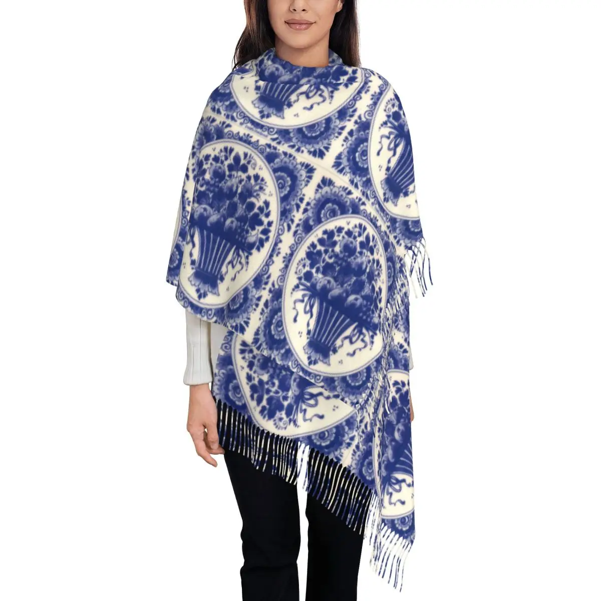 

Плитка Delft, синие цветы, фруктовый шарф с кисточками, женские мягкие антикварные шали в стиле шинуазри, женские зимние шарфы