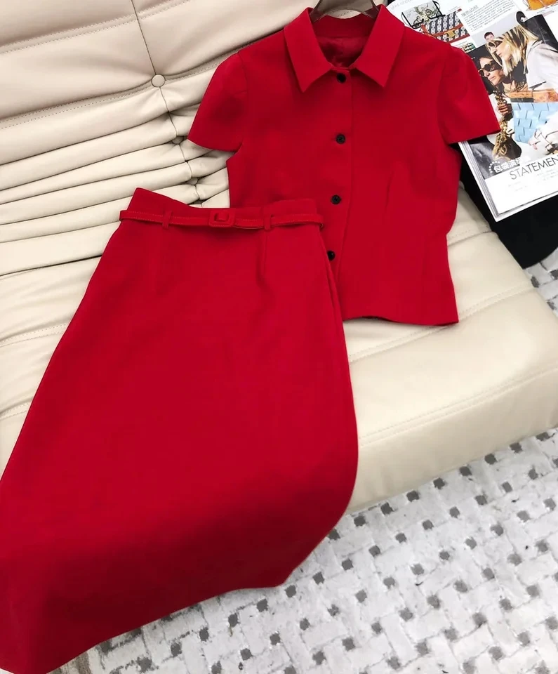 2024 early spring women solid silk wool skirt set long sleeve single breasted top + belt long skirt 2 pieces set1