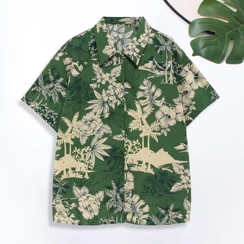 Men Beach Shirt Coconut Tree Printed Casual Hawaiian Shirt  Summer Short Sleeve Shirt Floral Leaves Patch Pocket Male Shirts