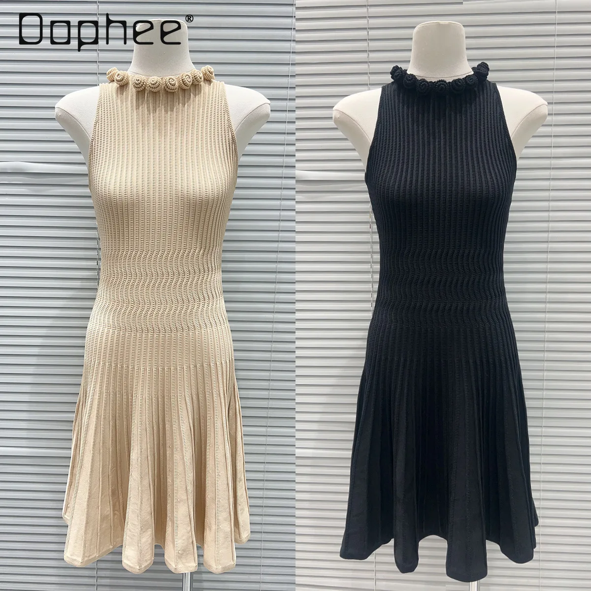 

2026 Summer New Temperament Three-dimensional Flower Round Neck Sexy Slim Neck Knitted Dress Solid Color Versatile A-line Dress