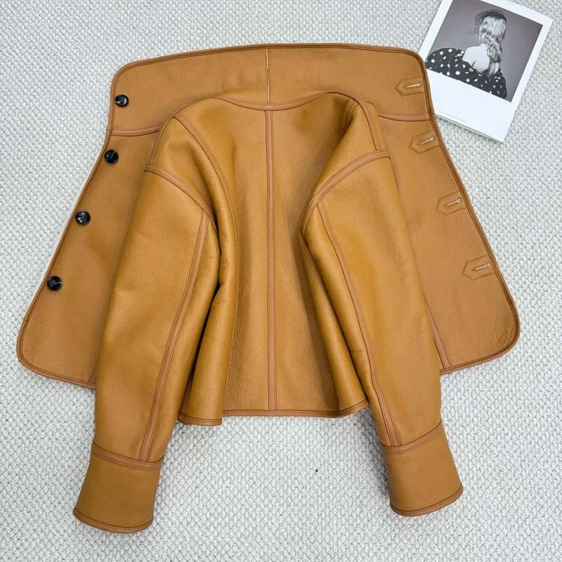 women coat spring natural real sheep fur jacket turn-down collar clothes short length thick warm Single-row buckle