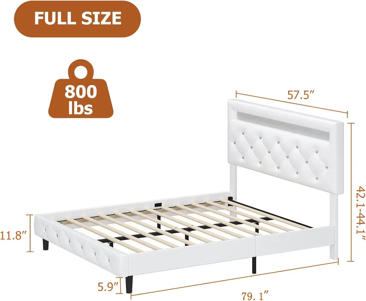 Keyluv Modern Upholstered Full Size Bed Frame with LED Lights, Faux Leather Low Profile Platform Bed Frame, Adjustable Crystal B