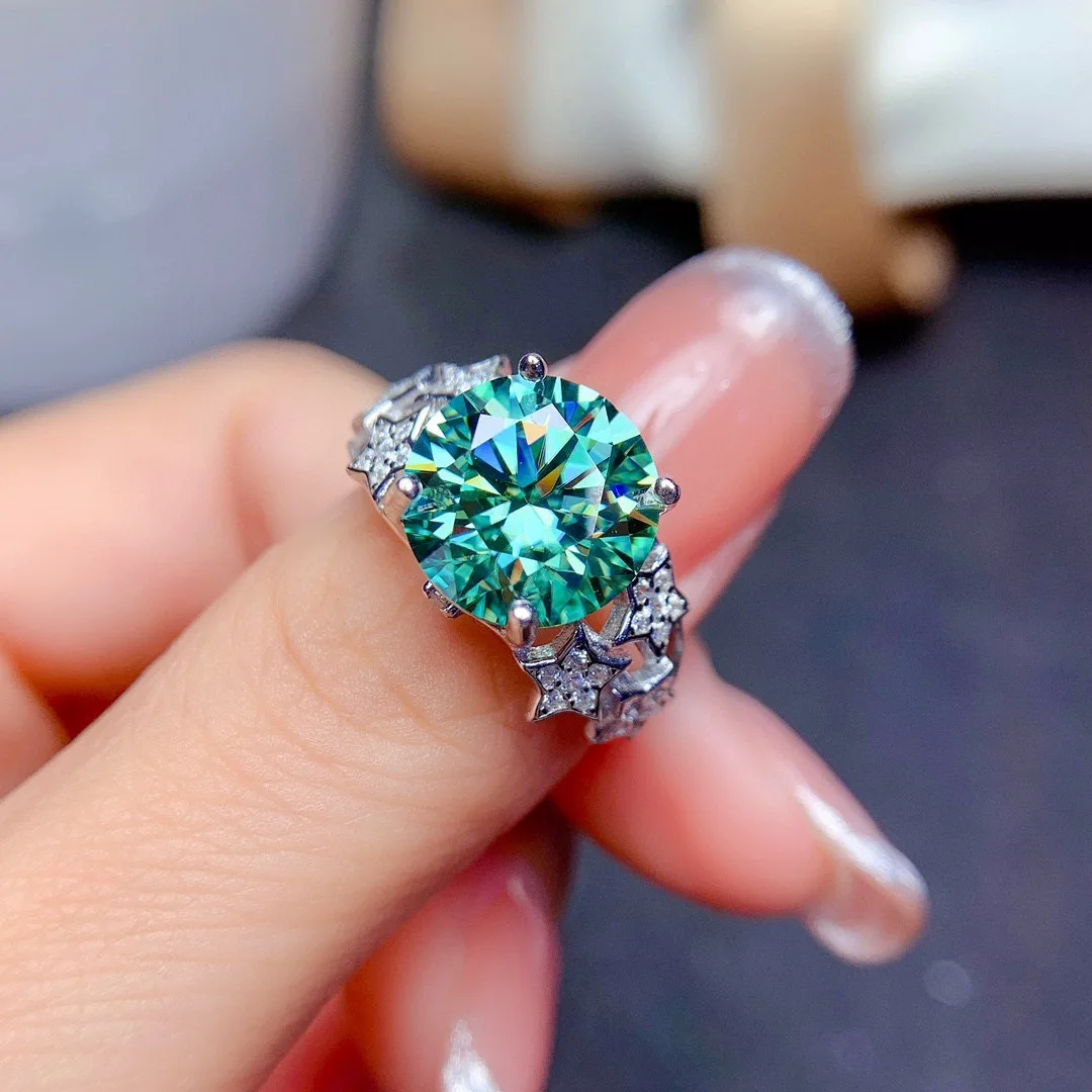 New luxury full -scale star micro -mosaic color treasure ring 5 carat big particles imitated Paraba high carbon diamond ring wom