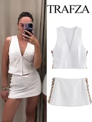 TRAFZA Women Sexy V-Neck Sleeveless Solid Color Slim Vest Top+Elegant Side Ring Hollow Design Chic Mini Skirt Shorts 2 Piece Set