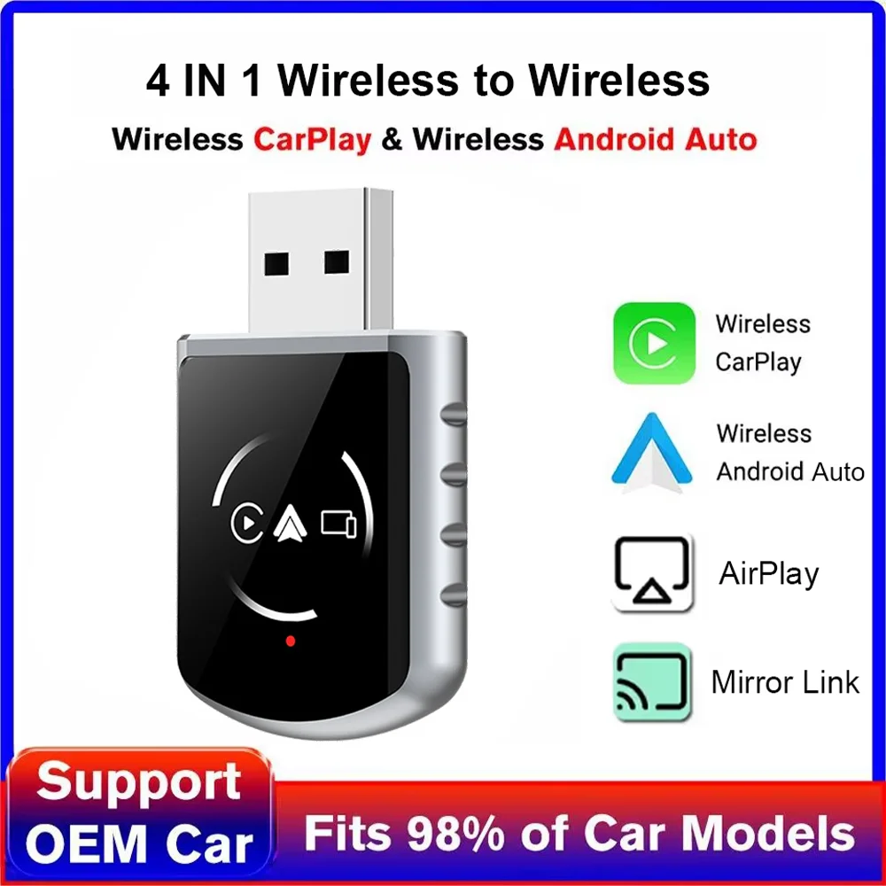 2026 Upgrade 4 In1 Wired to Wireless CarPlay Android Auto AirPlay Mirror Link Stable Bluetooth Adapter For Audi Benz Toyota VW