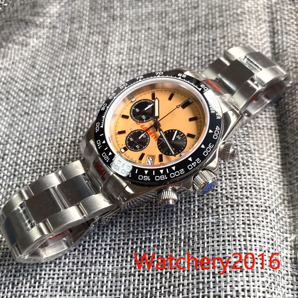 ที่กําหนดเอง 39 มม.สีเหลืองปราศจากเชื้อ dial Vk63 การเคลื่อนไหวรุ่น Multi-Function Full Chronograph QUARTZ Mens นาฬิกาสายยางสร้อยข้อมือ