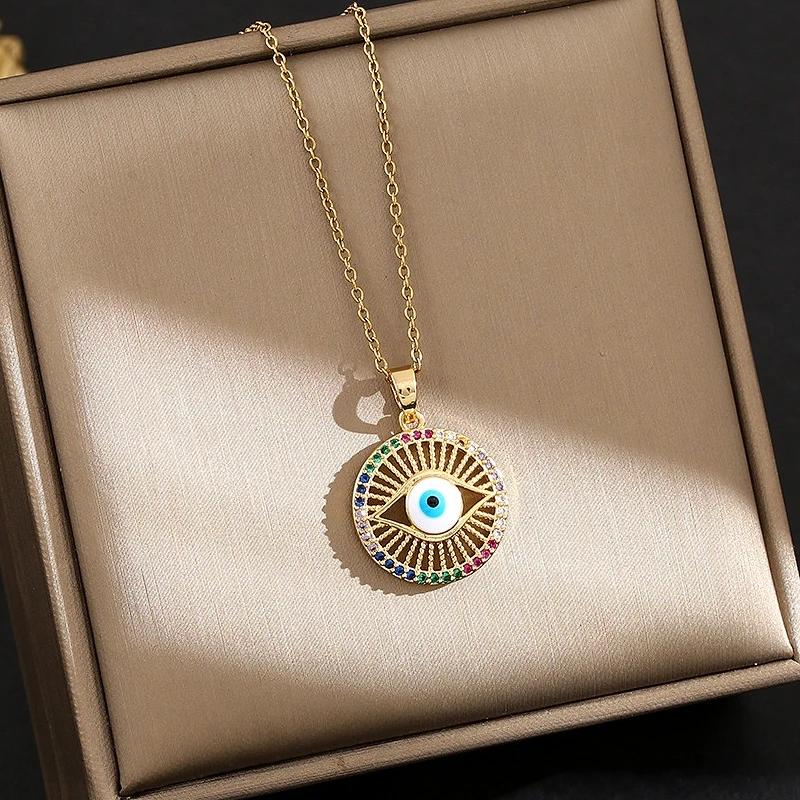 A High-End Devil's Eye Necklace with Copper Inlaid Zircon Pendant Paired with a Stainless Steel Chain, a Fashionable and Versatile Exquisite Collarbone Chain Unisex Accessory