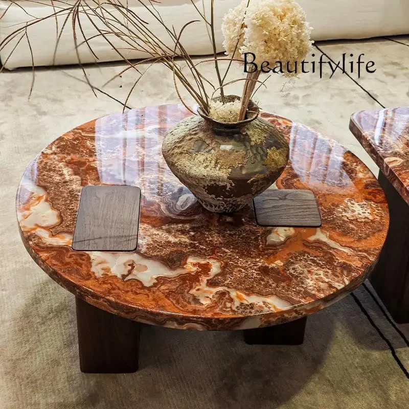 Centerpiece Red Dragon Stone Nesting Tables-Designer Round Marble Coffee Set w/ Crimson for Premium Living Room