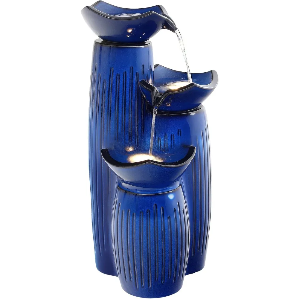 

US Shipping Modern Ceramic Outdoor Water Fountain with LED Lights 3-Tier Geometric Pedestal Garden Feature Fluted Texture