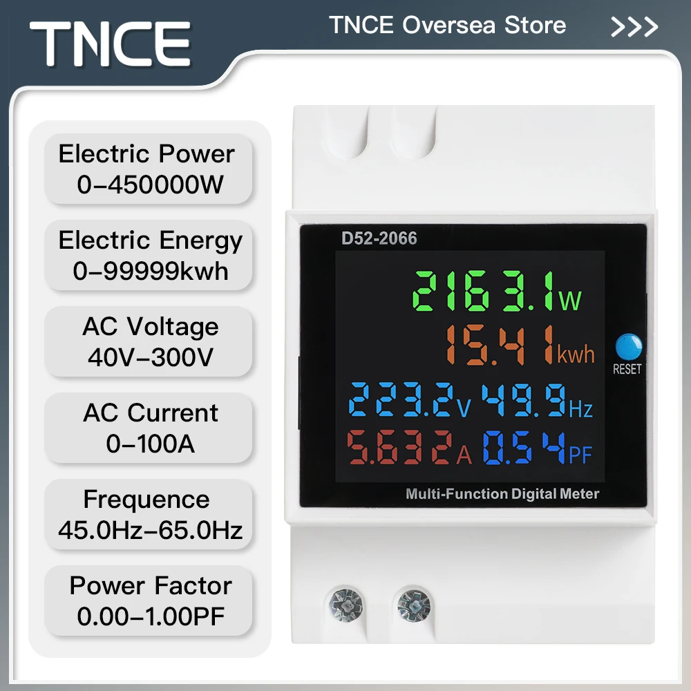 TNCE D52-2066 AC Monitor 220V 100A Voltage Current Power Factor Active KWH Electric Energy Frequency Meter VOLT AMP Din Rail