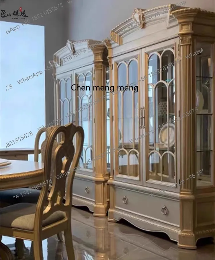 أثاث فني أمريكي خزانة مشروبات فرنسية كلاسيكية من الخشب الصلب نحت زهرة باب مزدوج عرض خزانة جانبية خزانة كتب #3