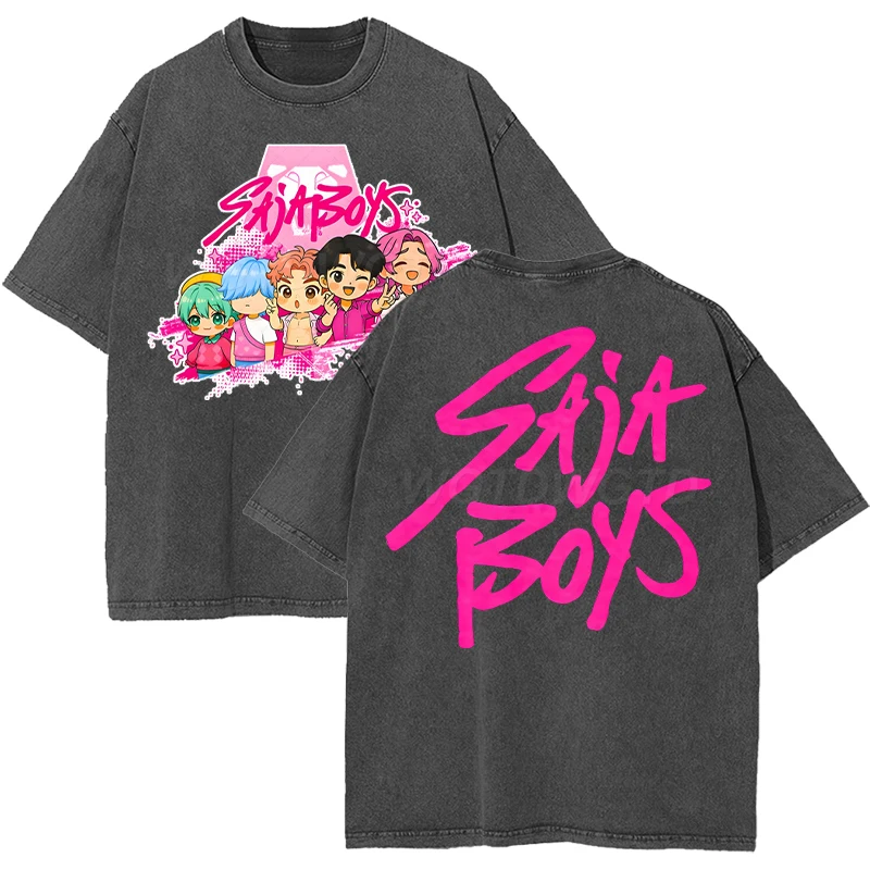 

Saja Boys Print Washed T-shirts Summer Harajuku Oversized Tees Women Men Streetwear Short Sleeve Tees Kpop Demon Hunters T Shirt