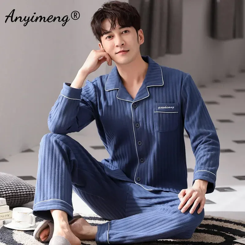 Big Size 4XL Pajamas for Men Autumn Winter New Gentleman Pijamas Fashion Mens Casual Sleepwear Soft Cotton Black Pijama Set