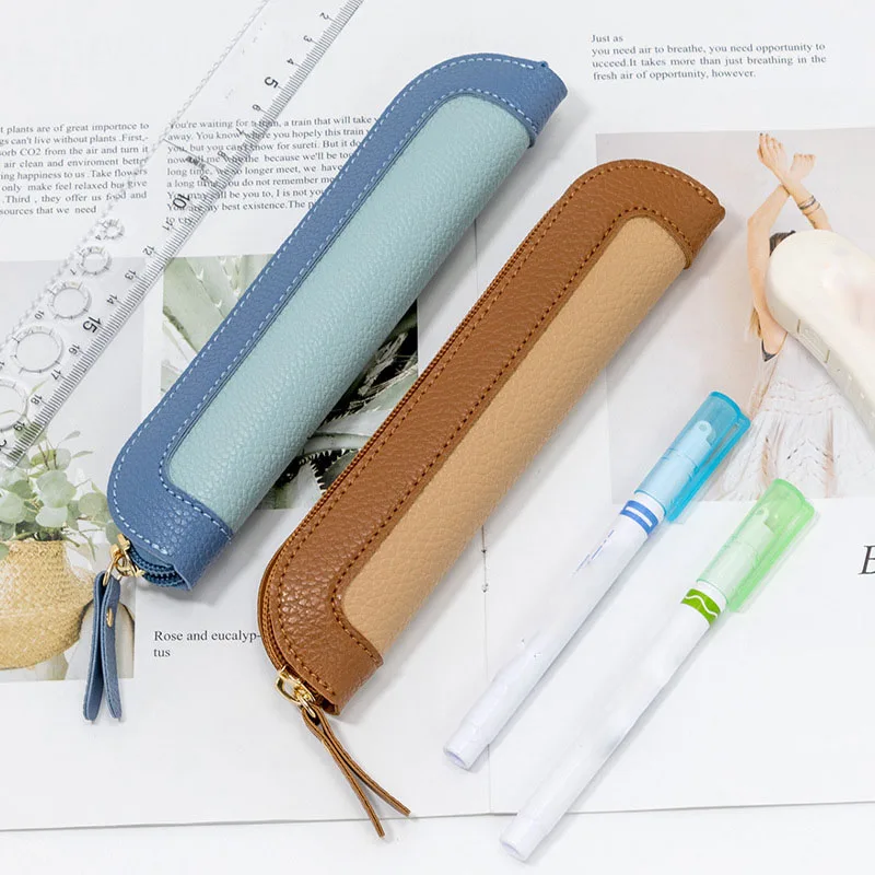 Color-blocked Leather Pencil Case Student Stationery Protective Bag Office Business Portable Zipper Pencil Bag