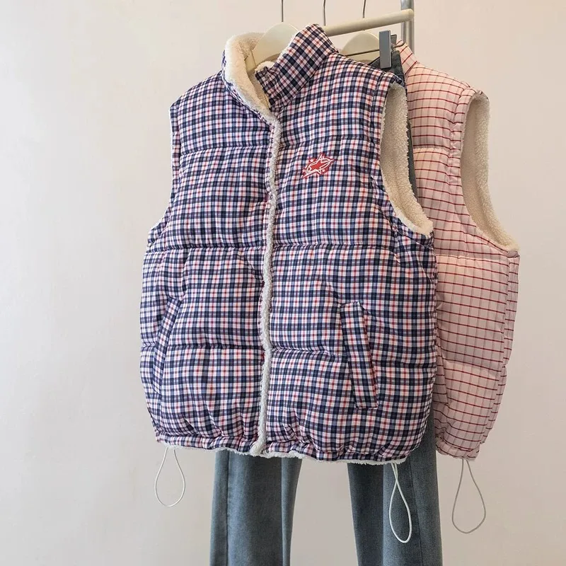 Whisper Lumi 2026 New Winter Women Double-Sided Wear Sleeveless Cotton Waistcoat, Plaid & Lamb Fleece Reversible Vest Outerwear