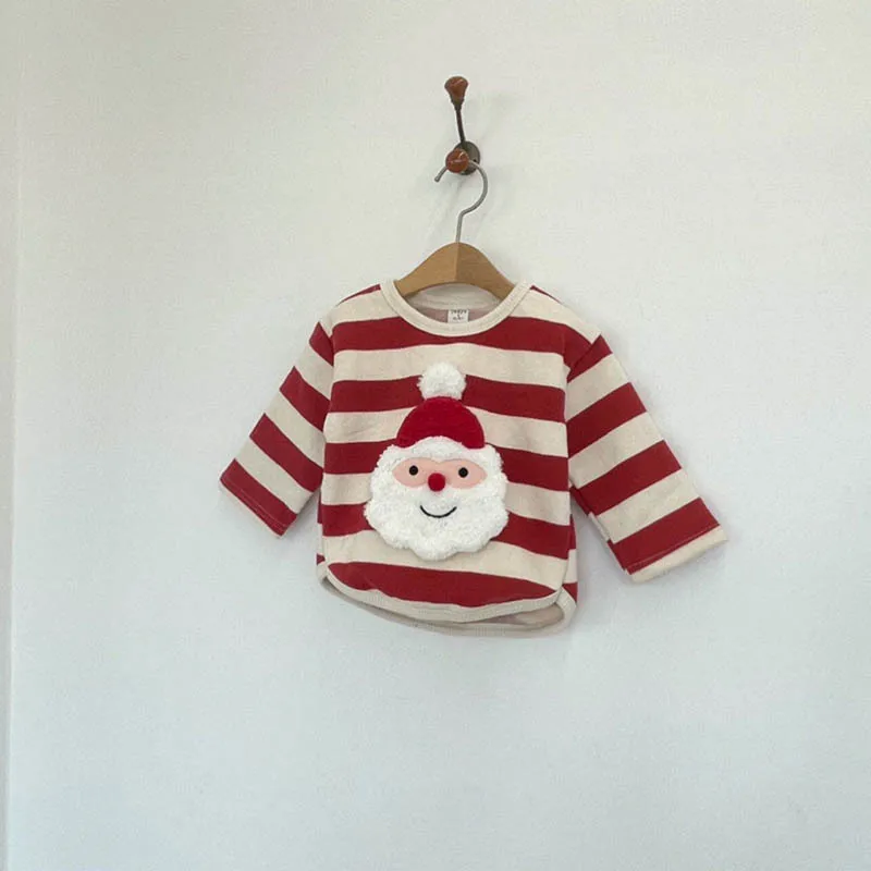 Autumn Winter Kid Patch Santa Claus Striped Long Sleeves T-shirt Girl Infant Cotton Love Casual Tops Boy Children Christmas Tees