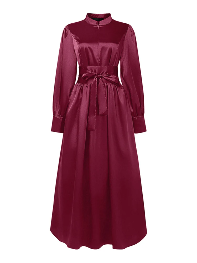 ZANZEA Stylish Waisted Party Dress 2025 Autumn Dreses Elegant Women Long Lantern Sleeve  Robe Solid A Line Satin Long Dresses