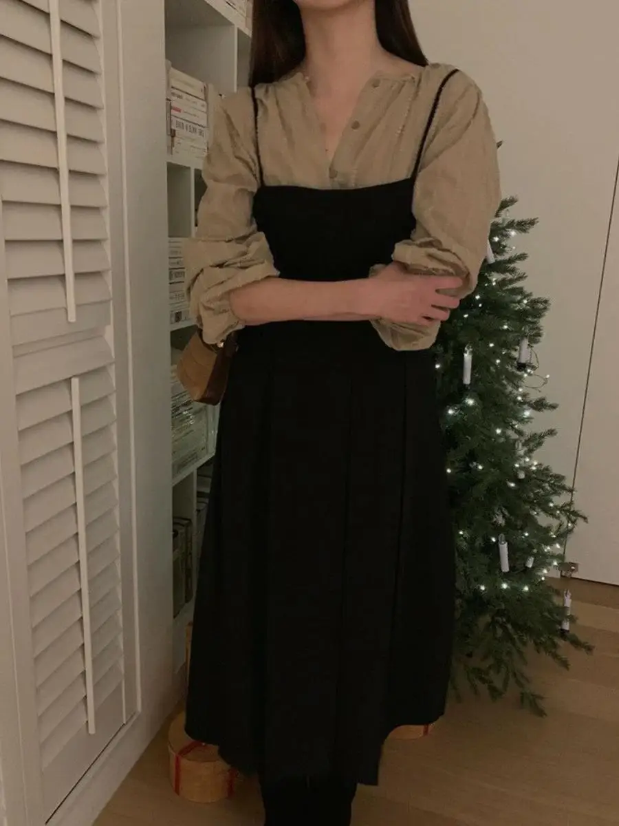 

Black Bubble Sleeve Shirt And Halter Dress Set Women's Retro Two-Piece Cotton Long Sleeve Formal Wear East Gate Baby Sauce