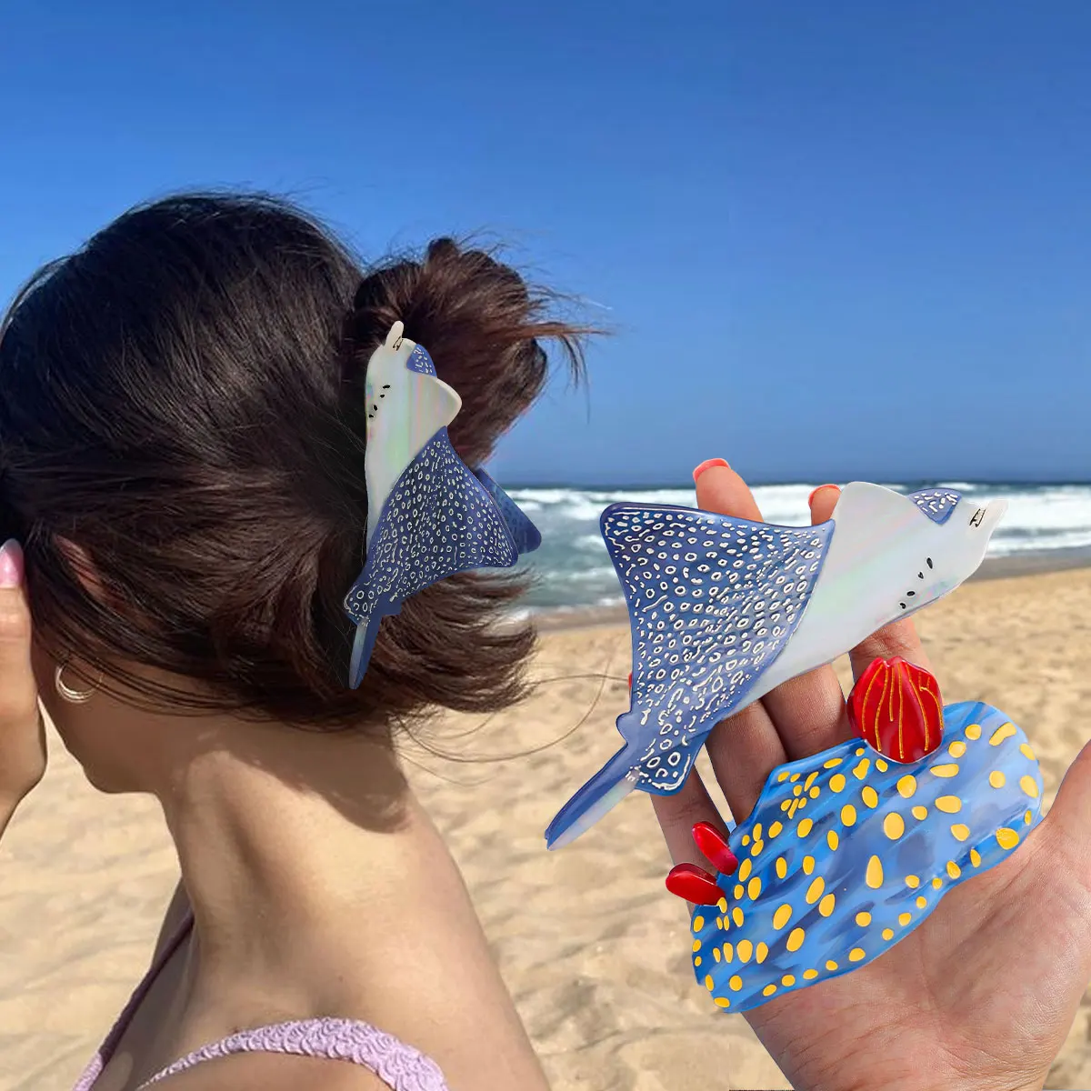 

1 piece personalised blue sea slug sea creatures eagle ray summer holiday hair claw for girl
