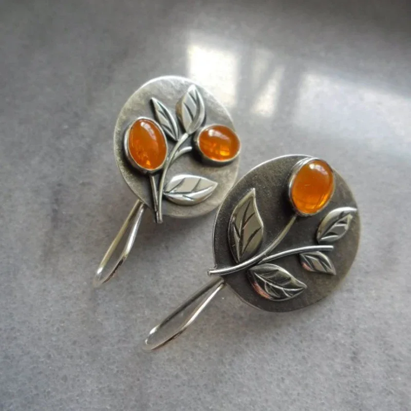 Vintage Silver Color Leaf Orange Stone Earring Engraved Oval Metal Plant Hook Earrings for Women Jewelry