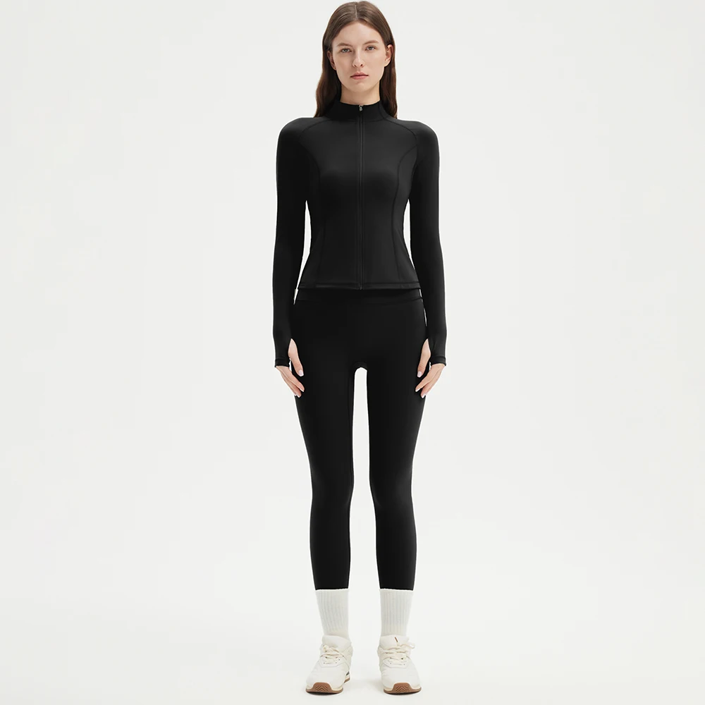 Two-piece Sports Set Women Solid Zipper Long Sleeve Sports Jacket & HighWaist Leggings Set  Sporty Breathable Yoga Sets Female