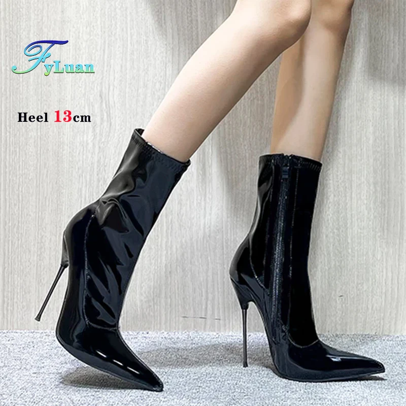 Neue 13 cm High Heels, Frauen Glanz PU Kurze Stiefel, Männer Bett Cosplay Schuhe, Fetisch Knöchel Botasl, spitze Zehen, Schwarz, Rot, Benutzerdefinierte Farben