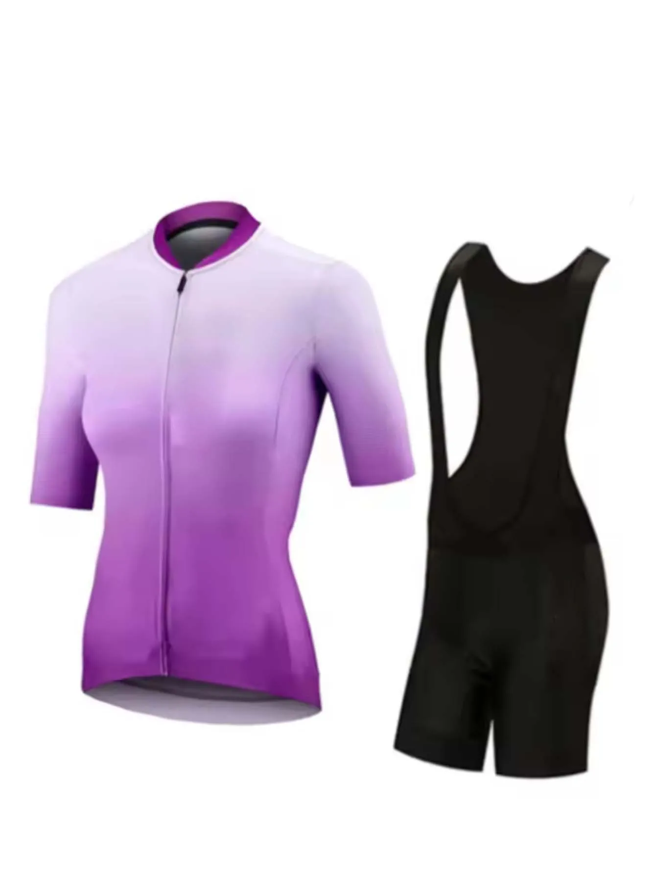 Kurzarm-Radsport-Set für Damen, Stehkragen mit durchgehendem Reißverschluss und schwarz-weißen Trägerhosen, atmungsaktiver, schnell trocknender 2-teiliger Fahrradanzug