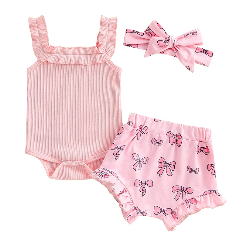 

Baby Girls 3Pcs Summer Outfit Sleeveless Frill Trim Romper Bow Print Shorts Headband Set Infant Clothes