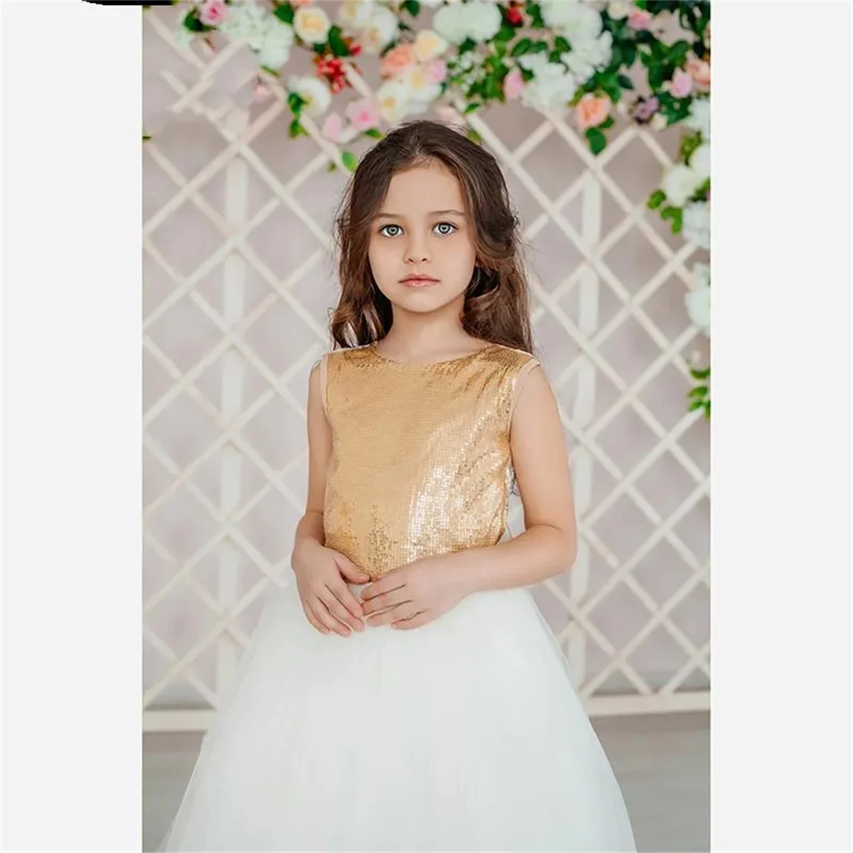 Fashion First Communion Dresses Sleeveless Tulle Lace Printing Flower Girl Dress Princess Ball Kids Surprise Birthday Present