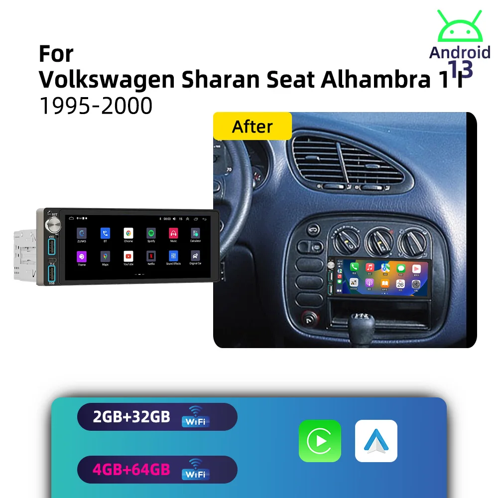 Car Multimedia for VW Volkswagen Sharan Seat Alhambra 1 I 1995-2000 Android 1Din Car Stereo Autoradio Radio 6.86