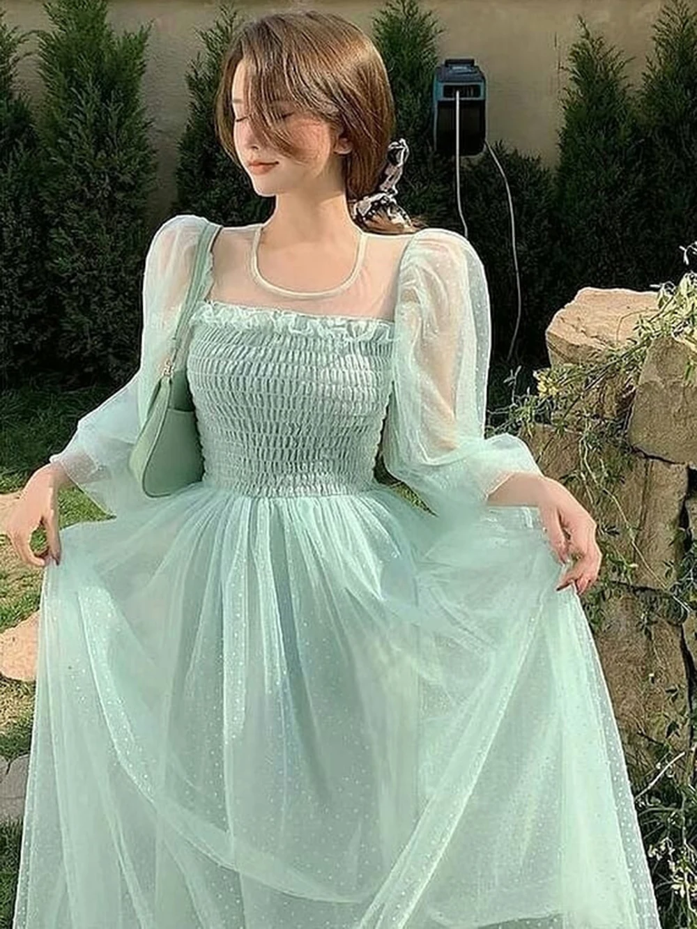 Robe de soirée Vintage en Tulle, élégante, manches longues, col carré, ligne a, longueur cheville, Robe de bal, été