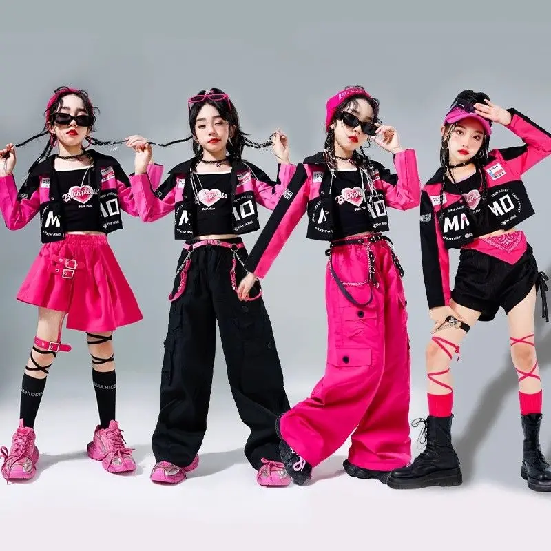 Veste de moto courte K-pop pour filles, pantalon Cargo en cuir brillant, short de danse de rue Hip Hop pour enfants, ensembles de vêtements pour enfants, Streetwear Jazz
