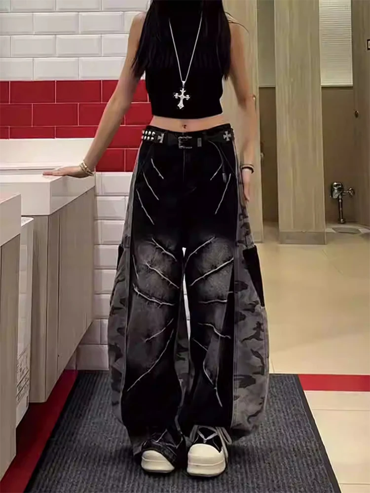 Damen Jeans Dark Academia Patchwork Baggy Herren Jean 2000er Jahre Goth Denim Hose Y2k Wide Fit Lange Hose Japanisch Harajuku Neu In