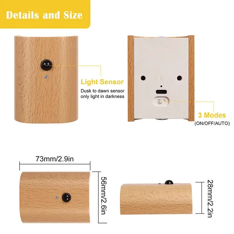 Wireless LED Motion Sensor Induction Light USB Rechargeable Beech Wood Stair Wall Warm White Lamp for Home Bedroom Closet