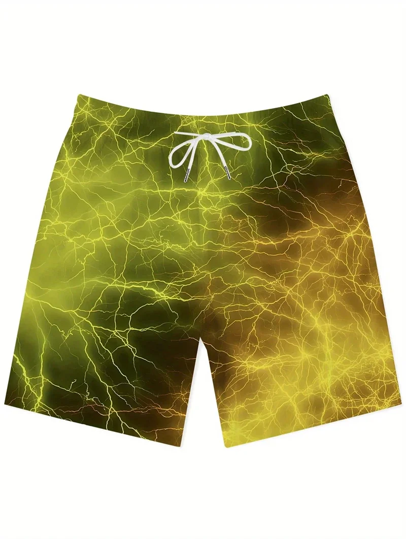 Men's Beach Shorts, 3D Lightning Graphic Print, Casual, Summer, Hawaiian Surfing Shorts, Y2k, Quick-drying