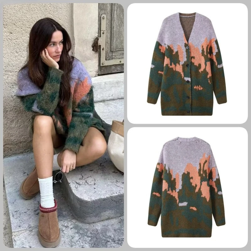 

Autumn Winter Coat Landscape Pattern Single-breasted V-neck Tops Vintage Harajuku Knitwear Cardigan Oversized Lazy Knit Sweater