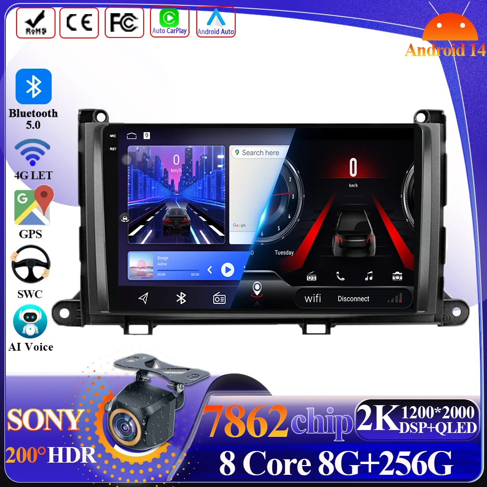 

Wireless Android 14 Auto Carplay For Toyota Sienna XL30 2010-2014 Car Multimedia Player 5G Wifi Navigation Touch Screen Display