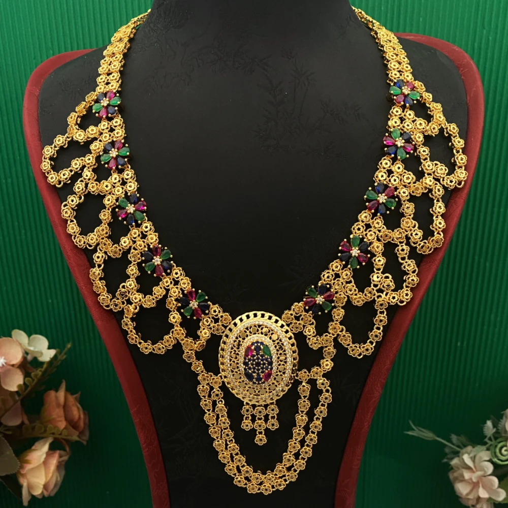 JRH Morocco Middle East Zircon Women's Jewelry Set Gold-Plated Copper Bracelet Ring Necklace Earrings for Festival Sparkling