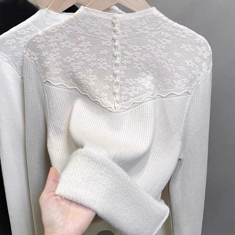 

Sueter Mujer, кружевные лоскутные милые пуловеры, женская одежда 2025, модный джемпер с высоким воротником, корейский вязаный свитер с жемчугом