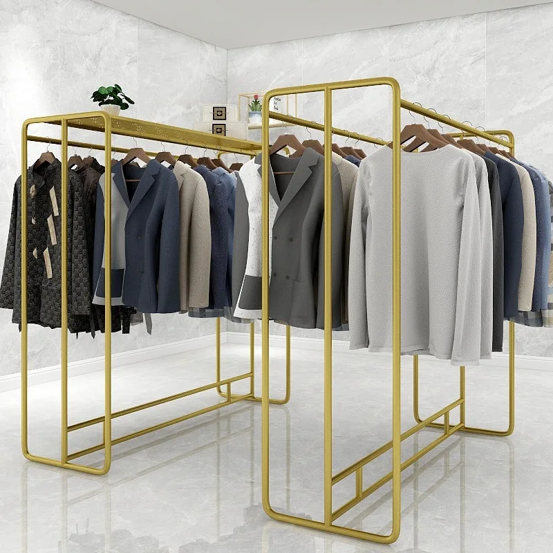 Clothing store double row gold display double pole floor display shelf hanging clothes