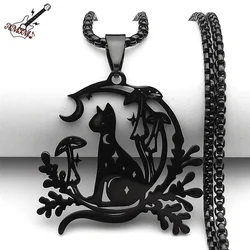 Night Witchcraft Black Cat Pendant Necklace For Women Men Stainless Steel Half-Moon Mushroom Plant Chain Jewelry Gifts