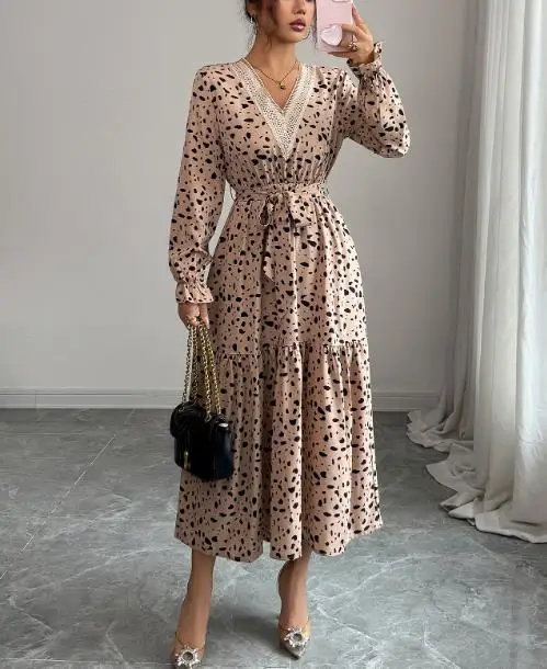 

2025 Autumn and Winter Elegant Polka Dot Lace Up Long Sleeved Dress, Women's Dress