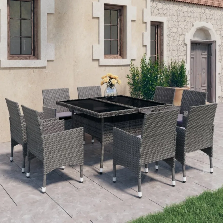 

Dining Set Grey Poly rattan tempered glass powdercoated steel