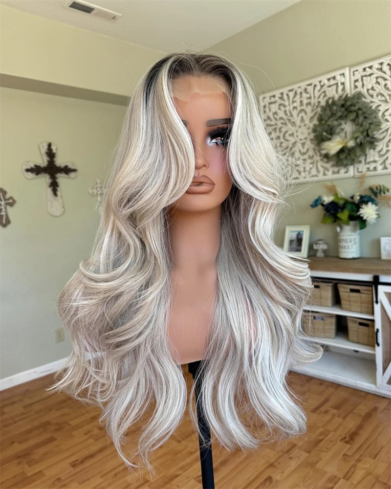 New Long Wavy Synthetic Lace Front Wig Highlight Grey Blonde Natural Wave Transparent Pre Plucked High Heat Resistant Fiber Wig