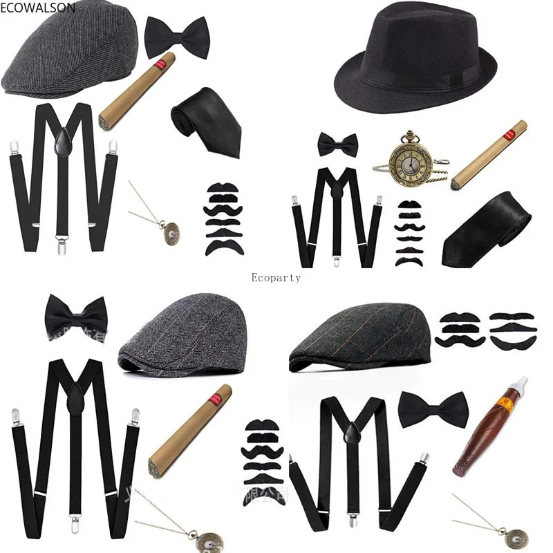 1920s 20s Cosplay Gangster Set Medieval Men's Party Props Berets Cigar Suspender Pocket Watch Gatsby Costume Accessories Set 30