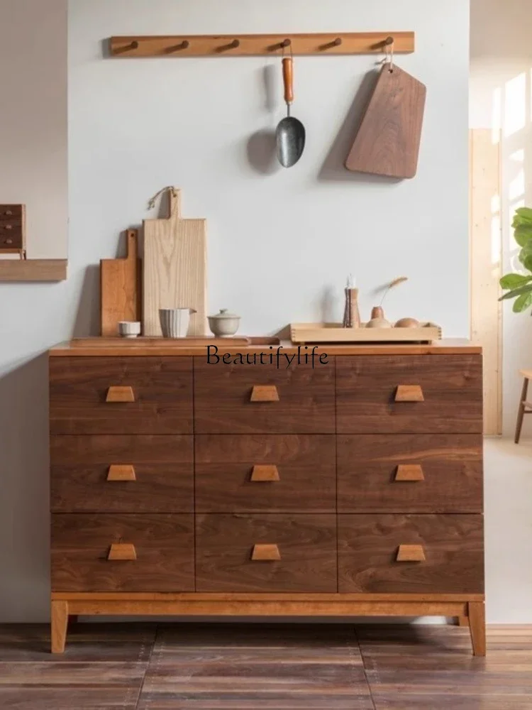 

jj *Modern medieval black walnut solid wood drawer type porch cabinet storage simple Japanese color matching nine chest cabinet