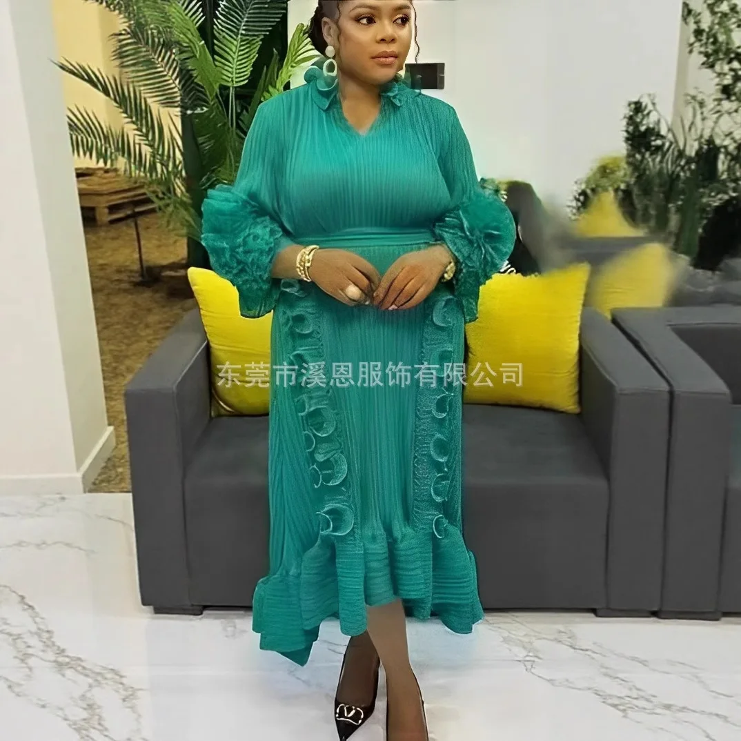 Miyake vestido plissado plissev-neck cor sólida dobra flor cintura plissado vestido longo babados vestidos femininos plissados plus size