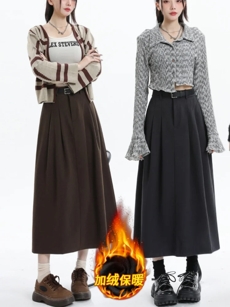 Damska spódnica midi w kształcie litery A z wełny Thiened Fce Bla, jesienno-zimowa, z wysokim stanem, spódnica w kształcie litery A, długa spódnica typu parasol.