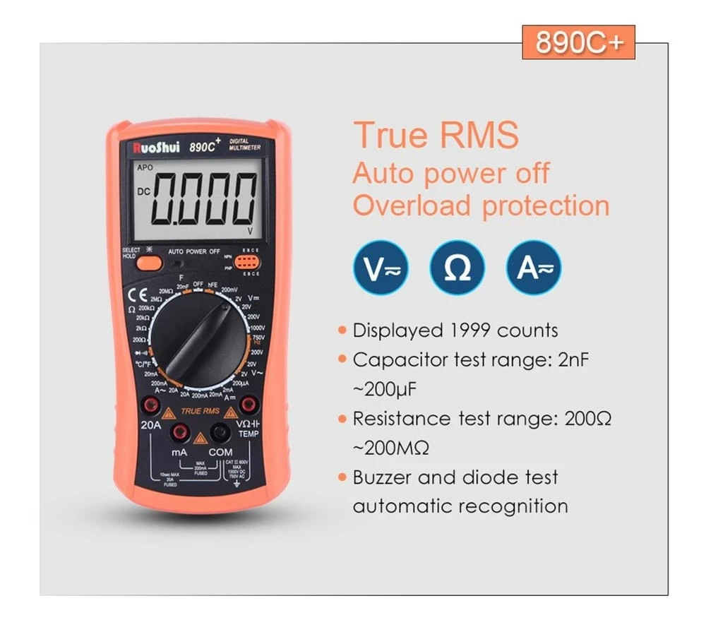 Ruoshui-デジタルマルチメータ,Vc890cマルチメータ,真のrms,耐衝撃性ホルスター,電気技師マルチメータ